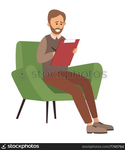 Bearded man is sitting and writing in notebook. Psychotherapist works with notepad. Male character on a soft chair isolated on white background. A person with a clipboard in hands makes notes. Bearded man is sitting on a chair and writing in notebook. Psychotherapist works with notepad