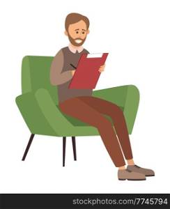 Bearded man is sitting and writing in notebook. Psychotherapist works with notepad. Male character on a soft chair isolated on white background. A person with a clipboard in hands makes notes. Bearded man is sitting on a chair and writing in notebook. Psychotherapist works with notepad