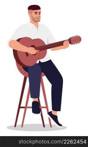 Bearded man playing guitar in public semi flat RGB color vector illustration. Sitting on stool figure. Music classes. Guy performing live music isolated cartoon character on white background. Bearded man playing guitar in public semi flat RGB color vector illustration