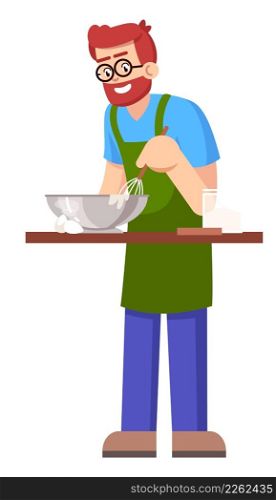 Bearded man preparing pie dough semi flat RGB color vector illustration. Standing figure. Person participating in cooking class for adults isolated cartoon character on white background. Bearded man preparing pie dough semi flat RGB color vector illustration