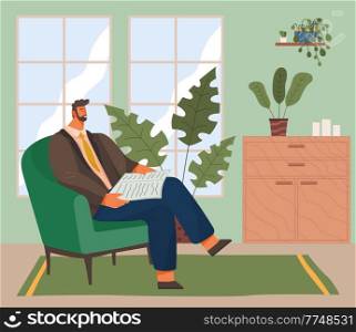 Bearded man sitting on armchair and reading newspaper vector flat illustration living room place to relax interior. Male reader smiling character in chair resting at home after work with news. Bearded man sitting on armchair and reading newspaper in room. Rest at home after work with news