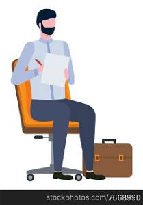 Bearded man sitting on chair and writing notes on paper document by pen. Vector brokers collaboration, guy in suit and briefcase standing near him isolated. Bearded Man Sits on Chair, Writes Notes on Paper