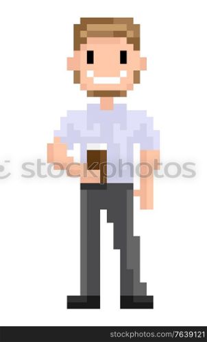 Bearded man standing with cup of hot coffee or tea vector, isolated pixel character hipster style of person pixelated male smiling personage of game. 8bit superhero for business app or video game. Hipster Pixel Character With Cup of Coffee Vector