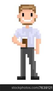 Bearded man standing with cup of hot coffee or tea vector, isolated pixel character hipster style of person pixelated male smiling personage of game. 8bit superhero for business app or video game. Hipster Pixel Character With Cup of Coffee Vector