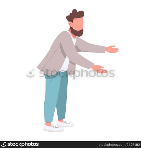 Bearded man stretching arms forward semi flat color vector character. Posing figure. Full body person on white. Simple cartoon style illustration for web graphic design and animation. Bearded man stretching arms forward semi flat color vector character