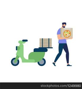 Bearded Man Wearing Blue Shirt Carry Pizza Box in Hands. Delivery Service Order Shipping. Green Scooter Stand Behind Isolated on White Background. Flat Vector Illustration, Cartoon Character, Icon.. Bearded Man Wearing Blue Shirt Carry Pizza Box