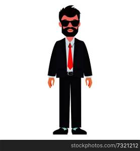Bearded man wearing for man suit with tie and sunglasses, businessperson with smile on face, character standing calmly isolated on vector illustration. Bearded Man Wearing Suit, Vector Illustration