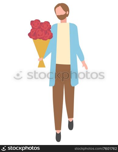Bearded man with bouquet of flowers isolated cartoon character. Vector male with blooming rose buds, present for someone, elegant guy in blue jacket. Bearded Man with Flower Bouquet Isolated Cartoon