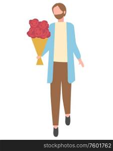 Bearded man with bouquet of flowers isolated cartoon character. Vector male with blooming rose buds, present for someone, elegant guy in blue jacket. Bearded Man with Flower Bouquet Isolated Cartoon