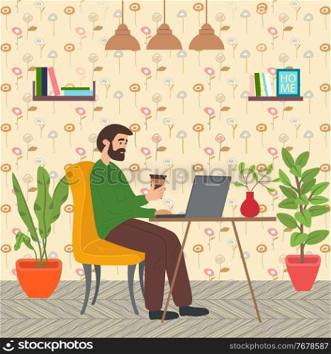 Bearded man with coffee sitting at table in room and correspondence surfing the Internet. Male character communicating through network on the laptop. Freelance, work from home and home office concept. Man sitting at a table in the room, surfing the Internet. Social media network communication