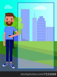 Bearded man with cup of coffee on background of skyscrapers, transparent frame for text, male cartoon character makes advert on backdrop of city center. Bearded Man with Cup of Coffee near Skyscrapers