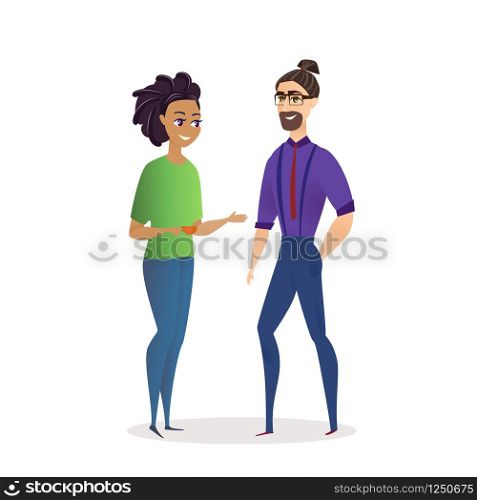 Bearded Man with Hipster Hairdress, Eyeglasses and Modern Clothing Talking to Young Woman with Curly Hair Wearing Casual Cloth Holding Cup on White Background. Flat Vector Illustration, Office Life.. Couple of Office Workers Having Coffee Break Talk