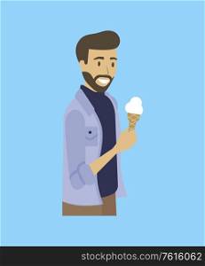 Bearded man with ice-cream isolated cartoon character on blue. Vector smiling sexy with sweet summer dessert, portrait view of male in jeans jacket. Bearded Man with Ice-Cream Isolated Cartoon Guy