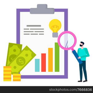 Bearded man with magnifying glass isolated cartoon style person investigating graphs and charts, bulb and stacks of money. Clip folder with new idea symbol. Bearded Man with Magnifying Glass Isolated Person