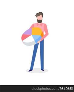 Bearded man with pie graph in hands isolated. Vector cartoon character with round statistics segment, male person analytic worker, businessman and chart. Bearded Man with Pie Graph in Hand Isolated Vector