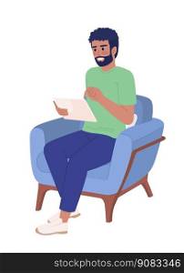 Bearded man with tablet device in armchair semi flat color vector character. Editable figure. Full body person on white. Simple cartoon style spot illustration for web graphic design and animation. Bearded man with tablet device in armchair semi flat color vector character