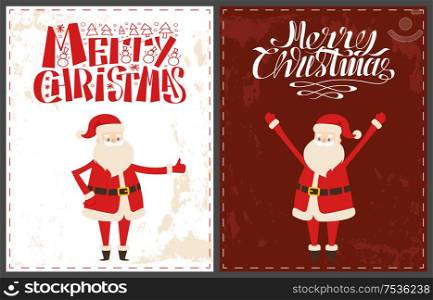 Bearded old man Santa Claus wishes Merry Christmas and happy New Year. Lettering inscriptions with pine tree and snowflakes icons, isolated vector cards. Bearded Old Man Santa Claus Wishes Merry Christmas