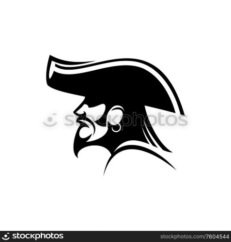 Bearded pirate with earring and captain hat isolated silhouette. Vector sea bandit, person attacking ships. Pirate in captain hat isolated robber silhouette