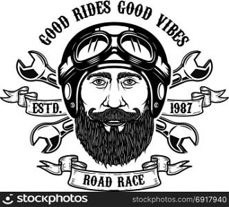 Bearded rider. Good rides good vibes. Bearded man head in motorcycle helmet. Design element for emblem, sign, poster, t shirt. Vector illustration