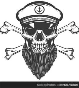 bearded sea captain skull with crossbones. Design element for emblem, sign, label, poster. Vector illustration