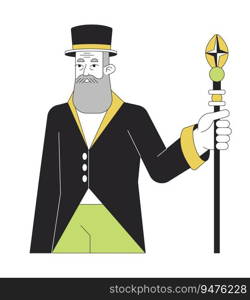 Bearded senior man in hat flat line color vector character. Editable outline full body person in evening dress holding wizard staff on white. Simple cartoon spot illustration for web graphic design. Bearded senior man in hat flat line color vector character