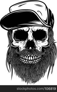 Bearded skull in baseball cap. Design element for t shirt, poster, emblem, sign. Vector illustration