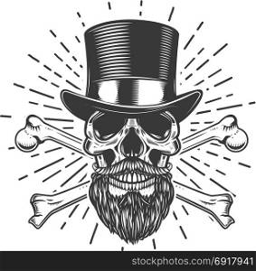Bearded skull in vintage hat. Crossed bones. Design element for poster, emblem, sign, t shirt. Vector illustration