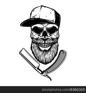 Bearded skull with barber razor. Design element for logo, label, sign, emblem. Vector illustration