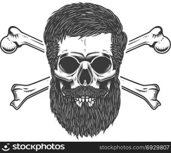 bearded skull with crossbones. Design element for emblem, sign, label, poster. Vector illustration