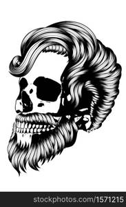 Bearded skull with hipster hairstyle for men in black and white design.