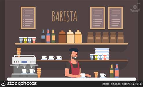 Bearded Smiling Barista in Cashier at Bar Counter Making Preparation for Visitors. Coffe Shop Interior. Small Business Owner at Workplace. Board Menu with Cappuccino, Espresso, Latte.. Barista Coffe Shop Interior. Small Business Owner