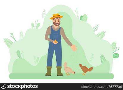 Bearded smiling farmer man in overalls feeds hens with grain. Man feeds poultry on green lawn. Agriculture and breeding birds. Self-sufficiency. Green background. Attraction and accumulation capital. A farmer feeds chickens on a green lawn. Farming and self-sufficiency. Flat vector illustration