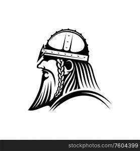 Bearded viking isolated warrior head profile. Vector medieval conquest, barbarian aggressor mascot. Viking bearded barbarian aggressor, warrior icon