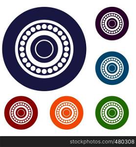Bearing icons set in flat circle red, blue and green color for web. Bearing icons set