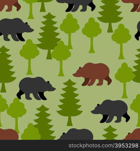 Bears in woods as a seamless pattern. Grizzly and trees. Ornament animals of Alaska. Russian bears home. Wildlife of Canada background