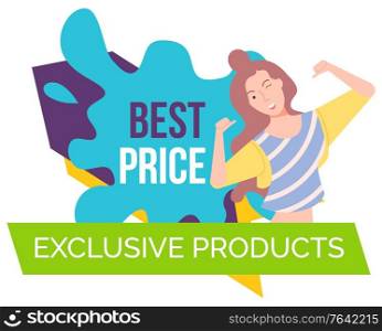Beast price exclusive product advertisement template banner. Colorful emblem with text and girl cartoon character posing flat vector illustration. Best Price Exclusive Product Colorful Banner Vector