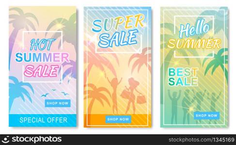 Beat Hot Super Summer Sales Social Stories Set. Mobile Post, Flyer and Message with Marketing Proposition to Buy with Great Discount. Vector Flat Illustration with People Silhouettes on Beach. Beat Hot Super Summer Sales Social Stories Set