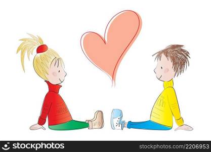 Beatiful little child girl with her boy friend with red heart on white background. Vector illustration.