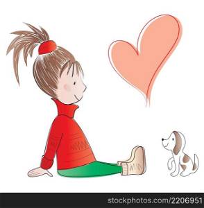 Beatiful little child girl with her puppy friend with red heart on white background. Vector illustration.