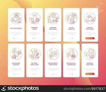 Beating delaying tasks habit onboarding mobile app page screen with concepts set. To-do list, self-forgiveness walkthrough 5 steps graphic instructions. UI vector template with RGB color illustrations. Overcoming delaying tasks habit onboarding mobile app page screen with concepts set