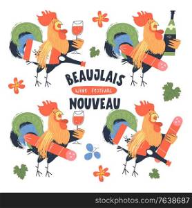 Beaujolais Nouveau, a festival of new wine in France. Four roosters, symbols of France. Roosters hold a bottle of wine, a glass of wine and salami. Vector illustration, poster, invitation.. Beaujolais Nouveau, a festival of young wine in France. Vector illustration, poster, invitation.