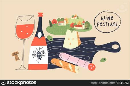 Beaujolais Nouveau. Festival of new wine in France. Bottles of wine, a glass of red wine, cheese, salami, baguette on a black wooden cutting Board. Picnic on the background of the village landscape. Vector illustration.. Beaujolais Nouveau. Festival of new wine in France. Wine and food. Vector illustration.