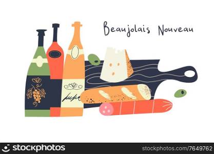 Beaujolais Nouveau. Festival of new wine in France. Bottles of wine, cheese, salami, baguette on a black wooden cutting Board. Vector illustration.. Beaujolais Nouveau. Festival of new wine in France. Wine and food. Vector illustration.