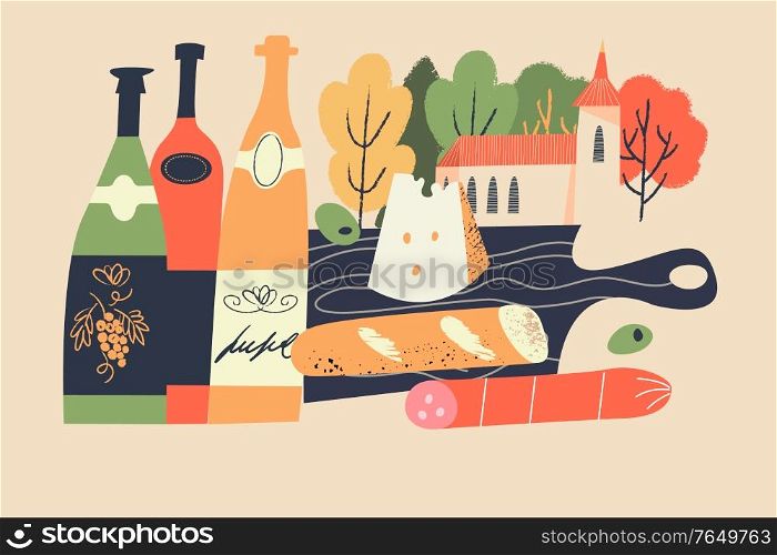 Beaujolais Nouveau. Festival of new wine in France. Bottles of wine, cheese, salami, baguette on a black wooden cutting Board. Picnic on the background of the village landscape. Vector illustration.. Beaujolais Nouveau. Festival of new wine in France. Wine and food. Vector illustration.