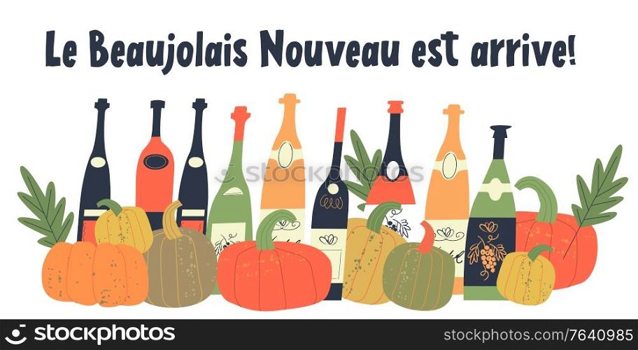 Beaujolais Nouveau has arrived. the inscription in French. Vector illustration with bottles of young wine, bright orange pumpkins and autumn leaves. Illustration for the festival of young wine in France on the third Thursday in November.. Beaujolais Nouveau has arrived the inscription in French. Vector illustration with bottles of young wine, bright orange pumpkins and autumn leaves.