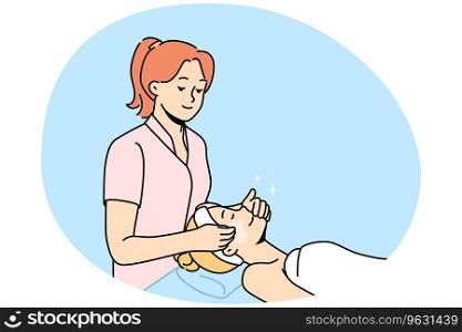 Beautician make face massage to female client in beauty salon. Cosmetologist do masks or facial procedures to woman patient in spa. Skincare routine. Vector illustration.. Beautician make facial procedures to female client