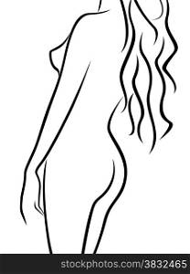 Beautiful abstract female body half turn back outline, black over white hand drawing vector artwork