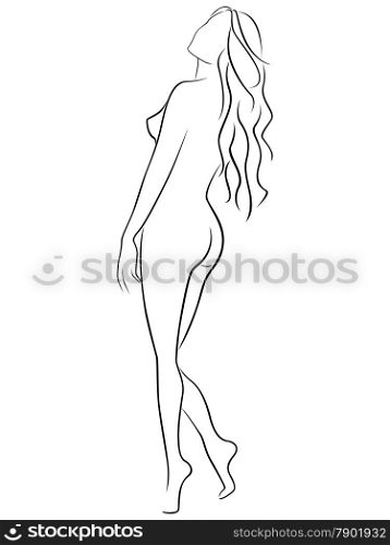 Beautiful abstract female half turn back outline, black over white hand drawing vector artwork