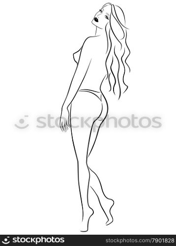 Beautiful abstract female in bikini stands half turn back, black over white hand drawing vector contour