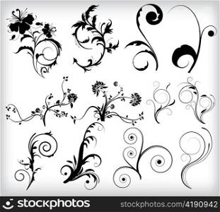 beautiful abstract floral elements for design with lots of leaves
